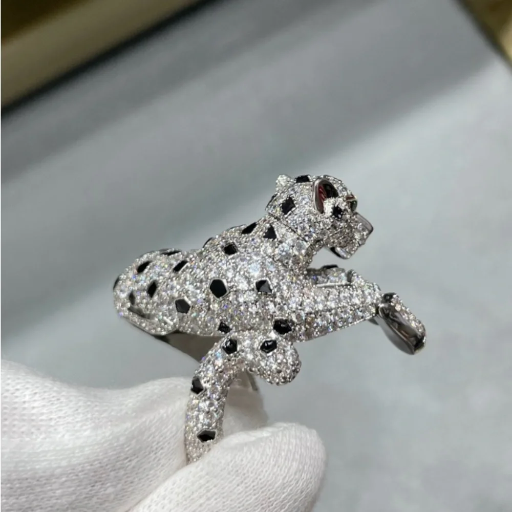 Paved Crystal Leopard Dog Ring in Silver Tone